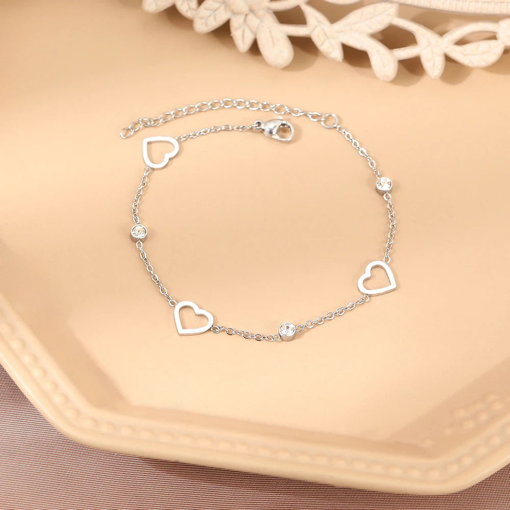 Stainless Steel Bracelets Exquisite Elegant Crystal Zircon Hollow Heart Charm Chain Trendy Bracelet For Women Jewelry New Gifts