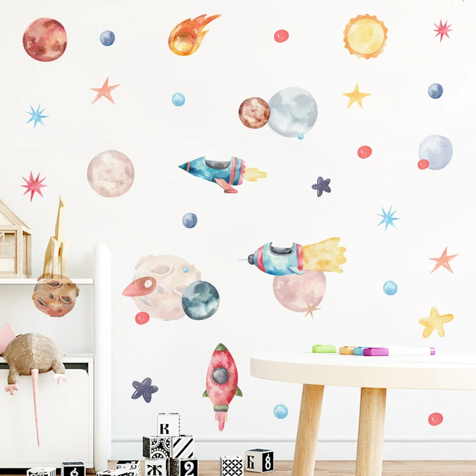 Boys Girls Space Rockets Planets Stars Wall Sticker Cartoon Vinyl Nursery Wall Decals Home Decor Art Murals for Kids Room