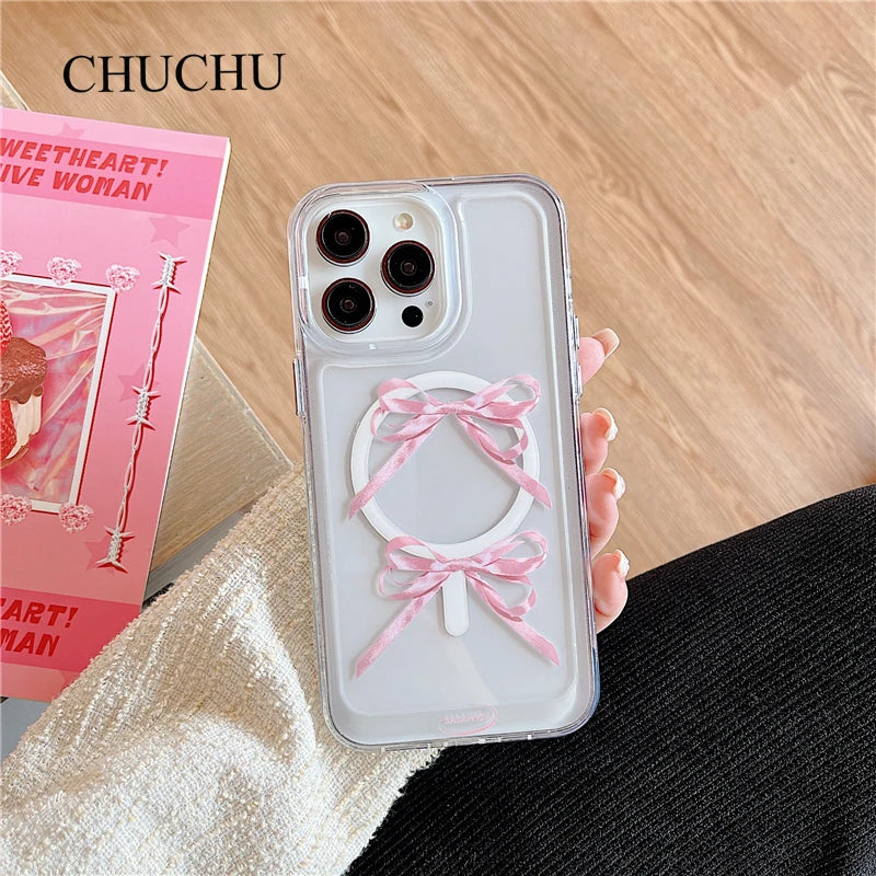 Korea Soft Magsafe Wireless Charge Bowknot Clear Case For iPhone 14 13 12 Pro Max Plus Ballet Magnetic Silicone Cute Cases Cover