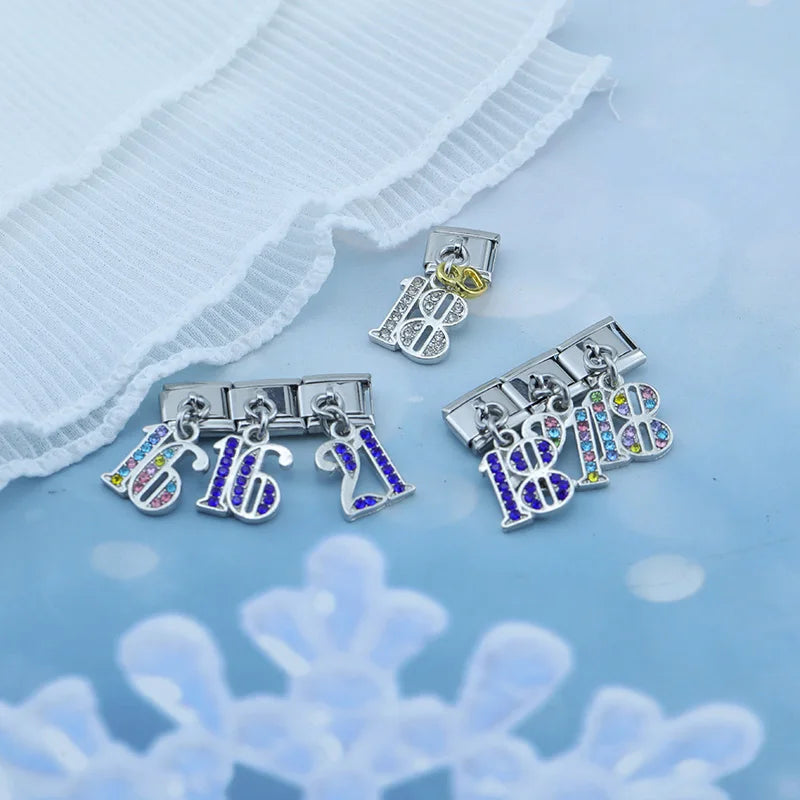 Hapiship 2023 New Colour Blue CZ NO 16 18 21 Birthday Italian Charm Links Fit 9mm Bracelet Stainless Steel Jewelry Making DJ604