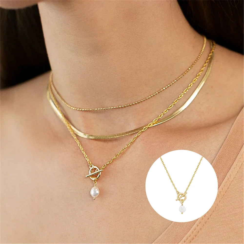 Aide 925 Sterling Silver OT Buckle Pendant Necklaces For Women 18K Gold Plated Irregular Imitation Pearl Charm Clavicle Choker