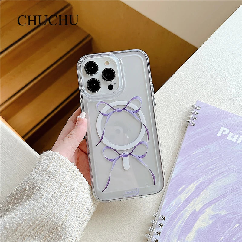 Korea Soft Magsafe Wireless Charge Bowknot Clear Case For iPhone 14 13 12 Pro Max Plus Ballet Magnetic Silicone Cute Cases Cover