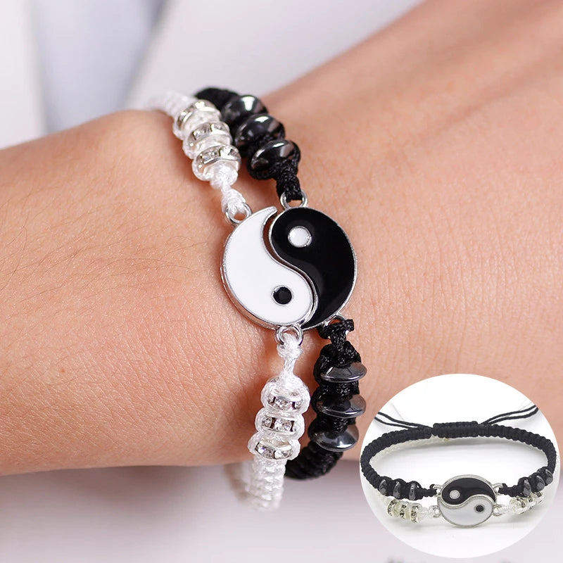 Dragon Tai Chi Yin Yang Couple Bracelets Necklaces Set Alloy Pendant Adjustable Braid Chain Bracelet Matching Lover Jewelry Set