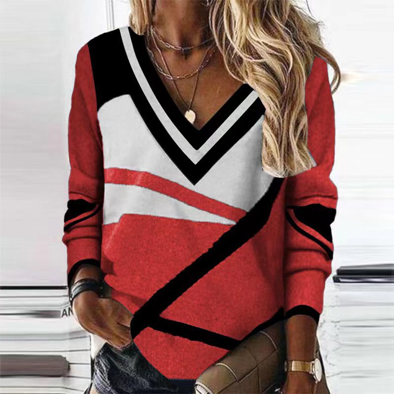 Women's Clothing V-collar Contrast Color Geometric Print Elegant Loose Long Sleeve