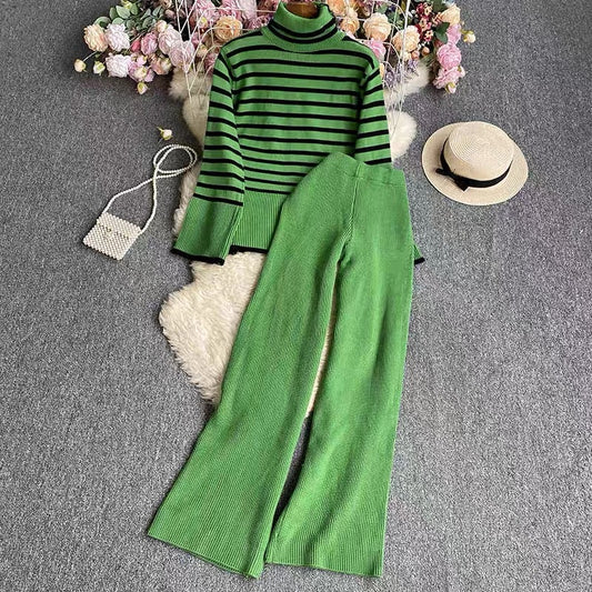 Striped Knitted Sweater High Waist Drooping Straight Casual Knitted Wide-leg Pants Two-piece Set