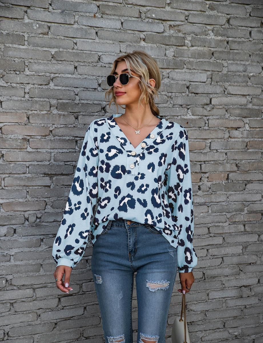 Leopard Print Printed V-neck Off-the-shoulder Long Sleeve T-shirt