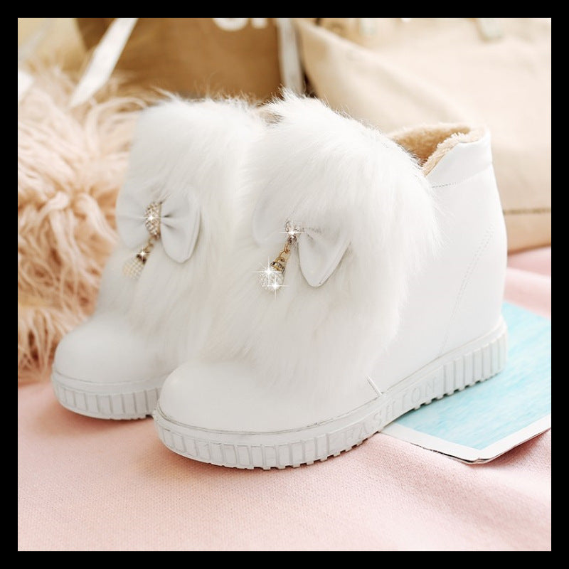 Women's Flat Bowknot Shaggy White Snow Boots