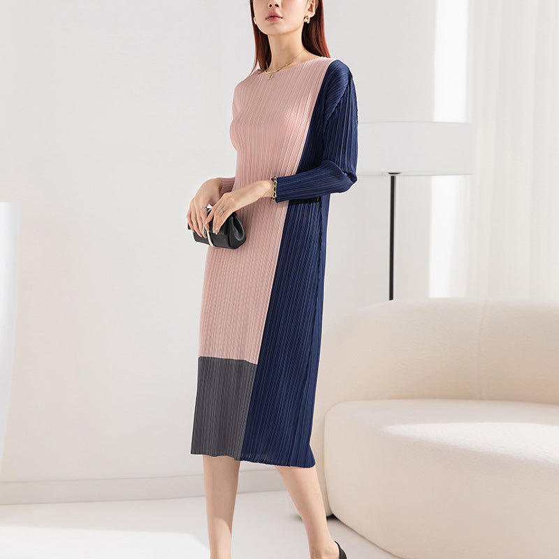 Fashion Colorblock Loose Plus Size Crew Neck Long Sleeve Straight Underwear Midi Dress