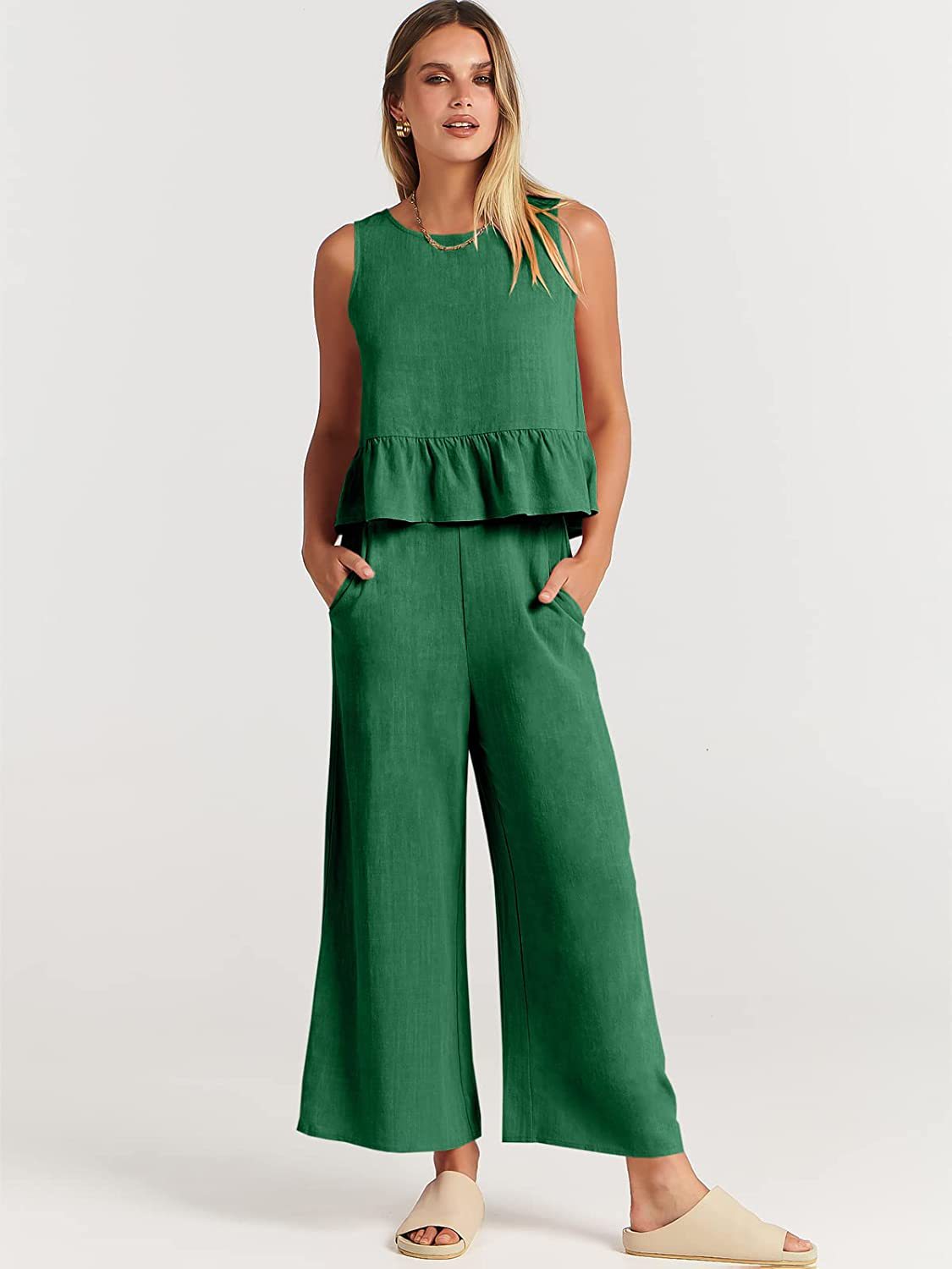 Casual Suit Summer Sleeveless Pleated Vest And Wide-leg Cropped Pants Fashion Two Piece Sets Women