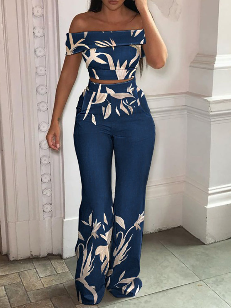 Women's Tropical Print Off-Shoulder Top And High Waist Pant Set