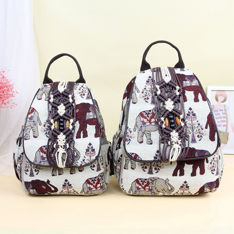 Women's Fashion Retro Double Layer Zipper Elephant Cotton And Linen Backpack