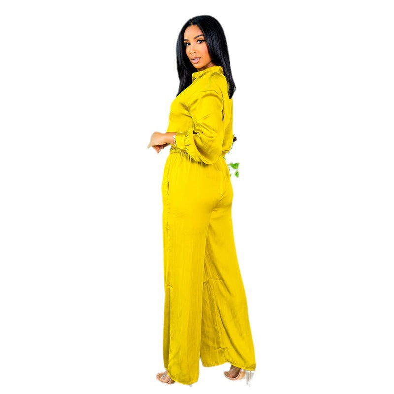 Women's Stylish Graceful Simple Long-sleeved Shirt Wide-leg Trousers Suit