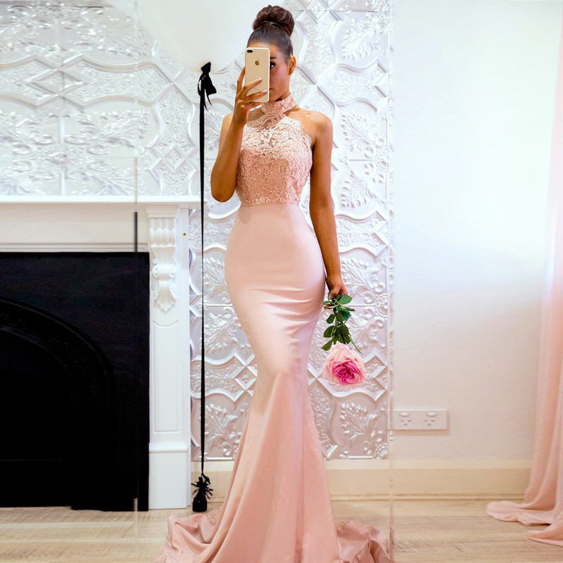 Sleeveless Halter Dress Lace Banquet Evening Dress