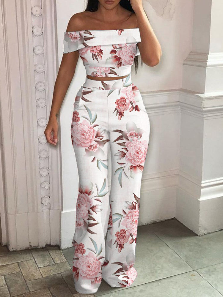 Women's Tropical Print Off-Shoulder Top And High Waist Pant Set