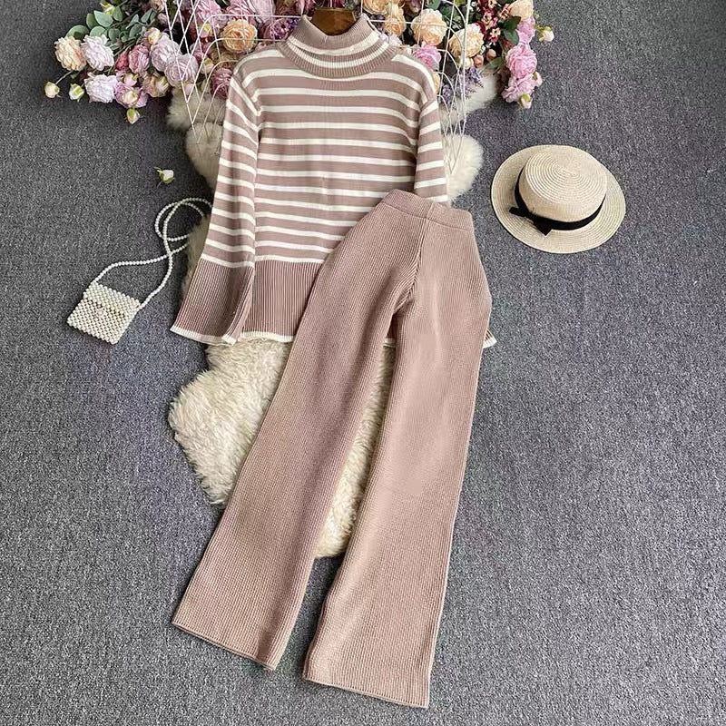 Striped Knitted Sweater High Waist Drooping Straight Casual Knitted Wide-leg Pants Two-piece Set