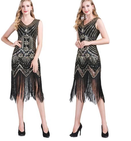 Vintage Sequined Fringe Dress Party Dance Dress