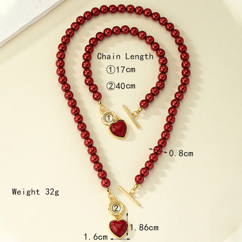 Pearl Bracelet And Necklace Set Female With Hearts Clavicle Chain