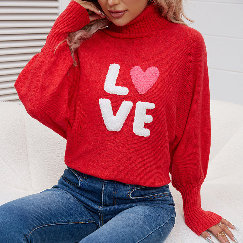 European And American Valentine's Day LOVE Red High Collar Sweater