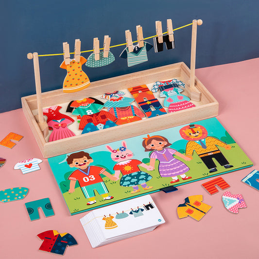 Wooden Early Education Characters Drying Clothes And Dressing Up Jigsaw Puzzle Game