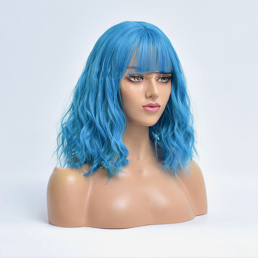 New European And American Style Wig Women's Light Blue Short Curly Hair Chemical Fiber Wig