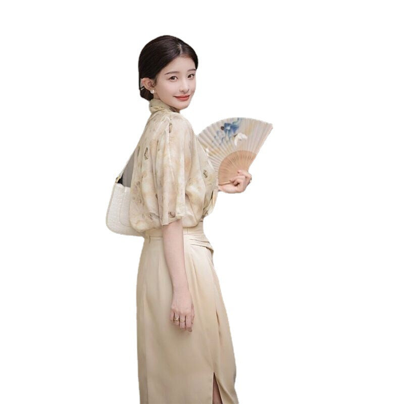 Summer New Ladies Temperament Chiffon Floral Shirt Skirt Two-piece Suit