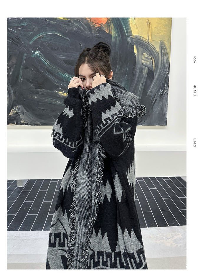 Niche Tassel Sweater Coat Lazy Winter Loose Knitted Cardigan Long-cut Coat