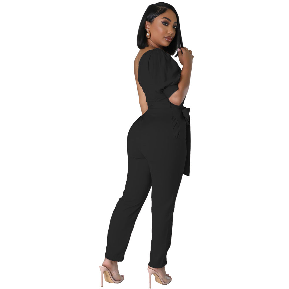 Fashion One Shoulder High Waist Slim Tapered Women's Jumpsuit