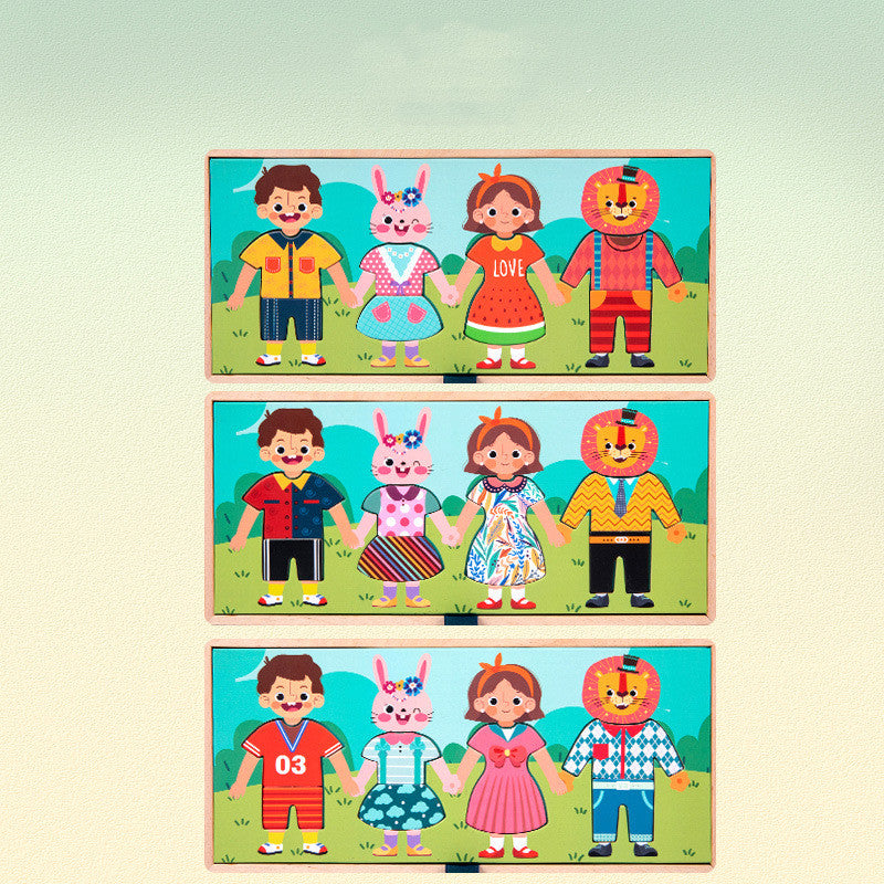 Wooden Early Education Characters Drying Clothes And Dressing Up Jigsaw Puzzle Game