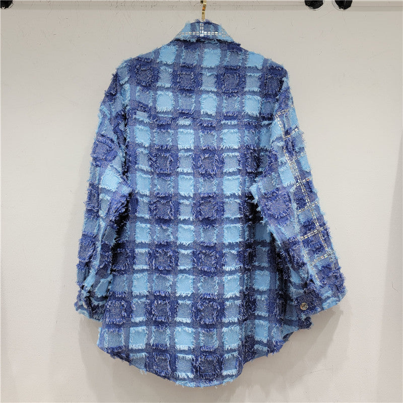 Chessboard Plaid Blue Plaid Shirt Women's Design Sense Niche