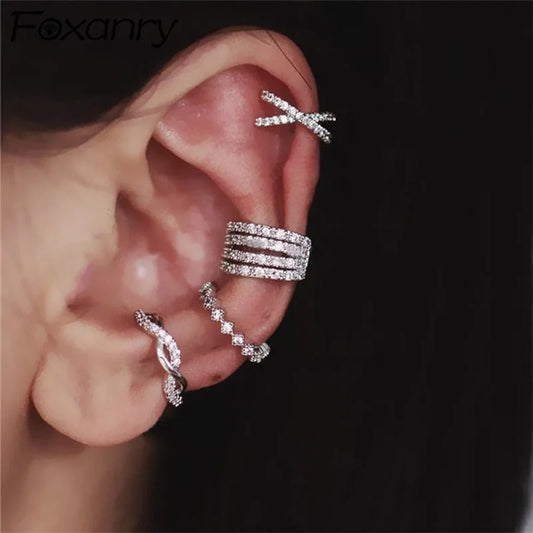 FOXANRY Prevent AllergySilver Color Earrings Set for Women Trendy Elegant Simple Sparkling Zircon Bride Jewelry Ear Clip