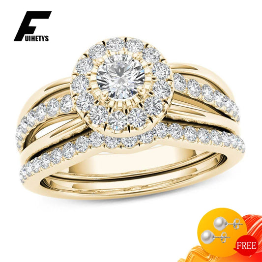 Trendy 925 Silver Jewelry Ring Round Shape Zircon Gemstone Finger Rings for Women Wedding Engagement Party Accessory Gold Color