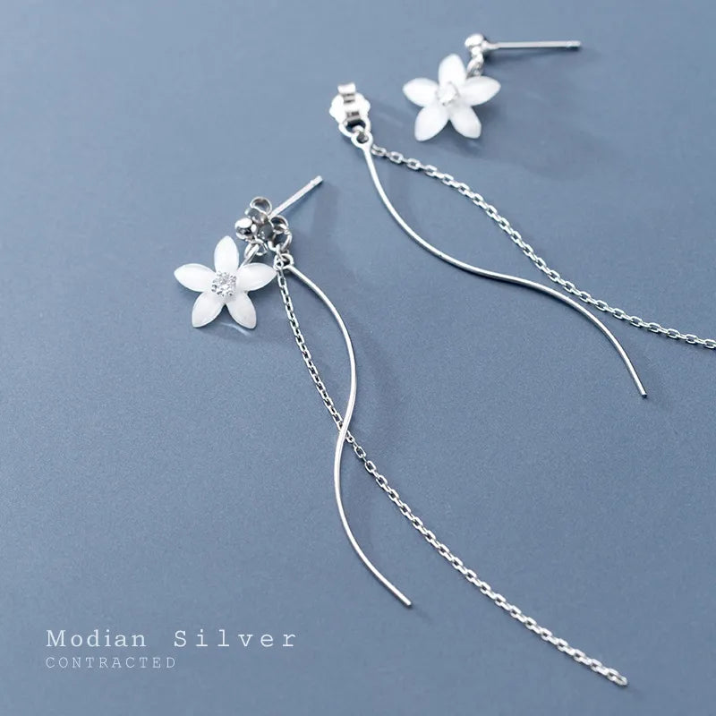 Modian 100% Real 925 Sterling Silver Ceramics Flower Long Line Drop Earrings Fashion Charm Dangle Ear For Women Fine Jewelry