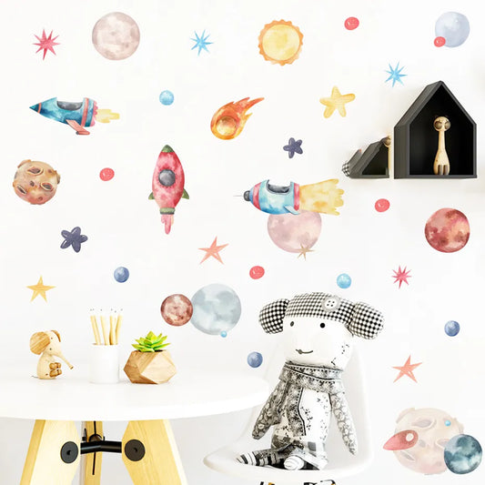 Boys Girls Space Rockets Planets Stars Wall Sticker Cartoon Vinyl Nursery Wall Decals Home Decor Art Murals for Kids Room