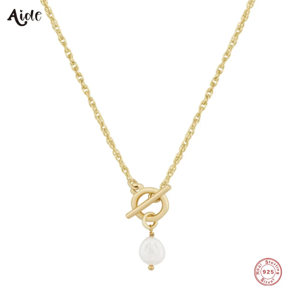 Aide 925 Sterling Silver OT Buckle Pendant Necklaces For Women 18K Gold Plated Irregular Imitation Pearl Charm Clavicle Choker