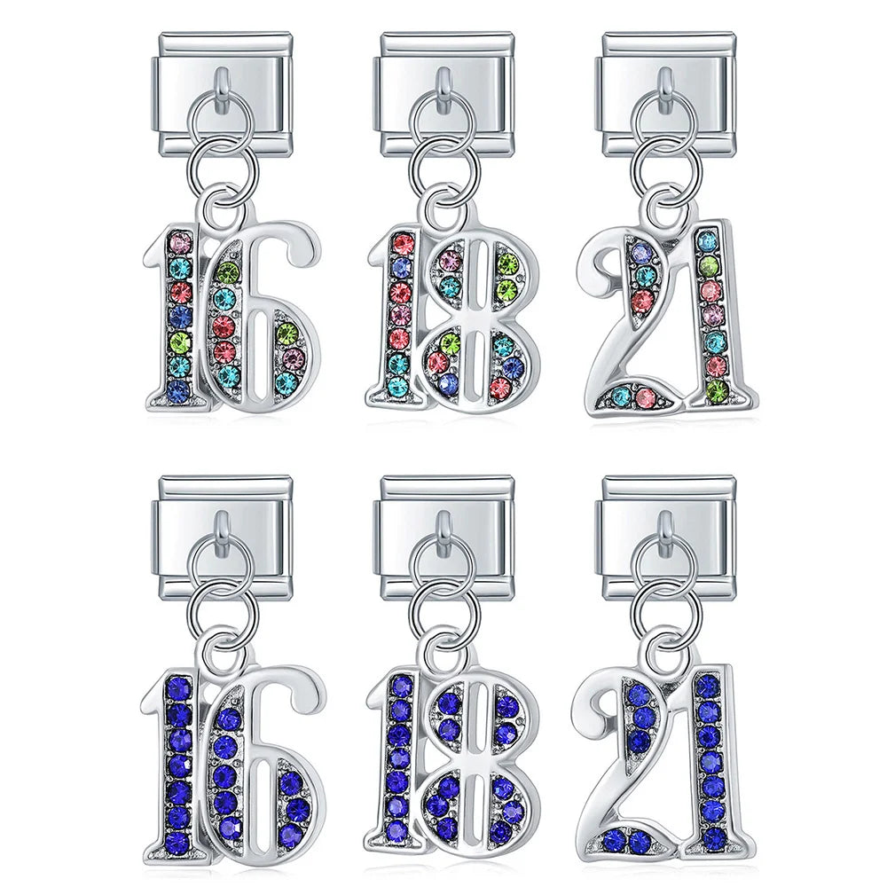 Hapiship 2023 New Colour Blue CZ NO 16 18 21 Birthday Italian Charm Links Fit 9mm Bracelet Stainless Steel Jewelry Making DJ604