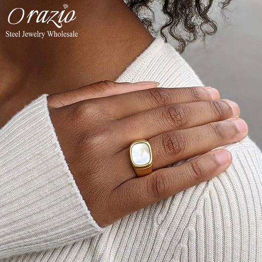 Orazio Stainless Steel Rings for Women Vintage Gothic Boho Chunky Square Shell Finger Ring Party Jewelry Accessories Wholesale