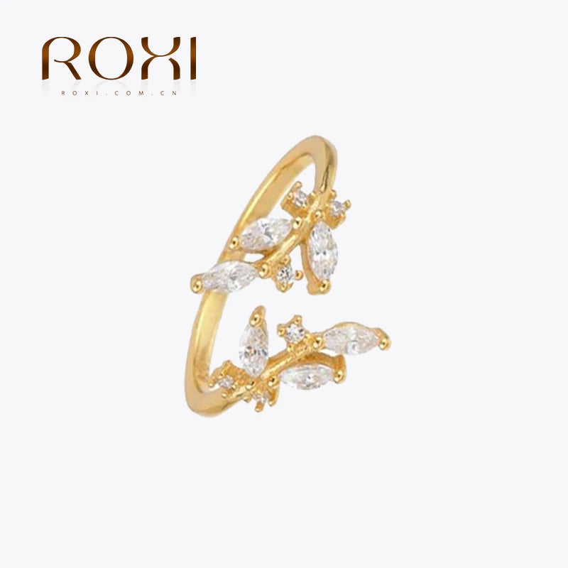 ROXI Simple Flower Leaf Star Zircon Crystals Open Women Rings for Women Plant 925 Sterling Silver Finger Ring Bague Jewelry